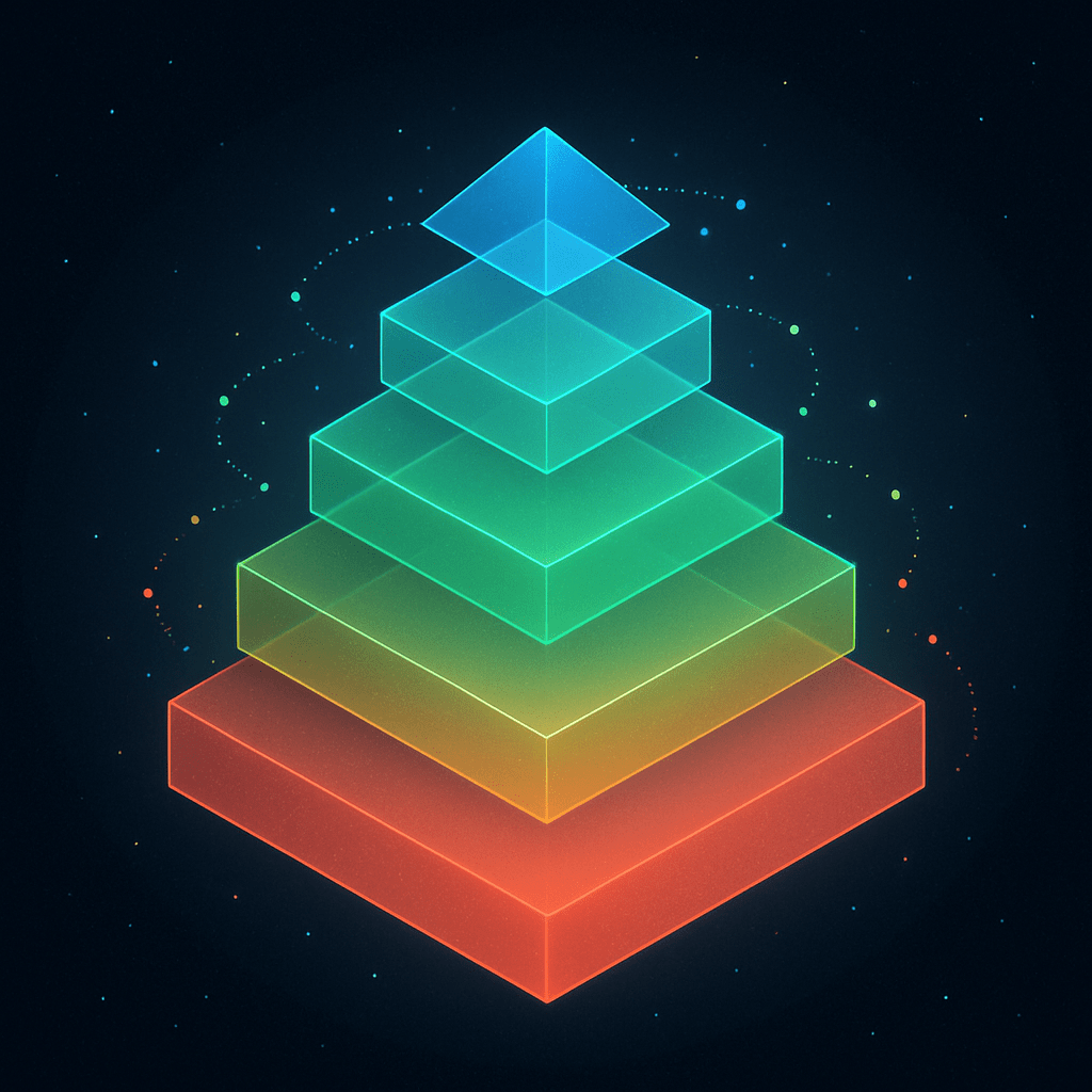 Isometric five-tier stacked platform illustrating layered attribution methodology in digital marketing