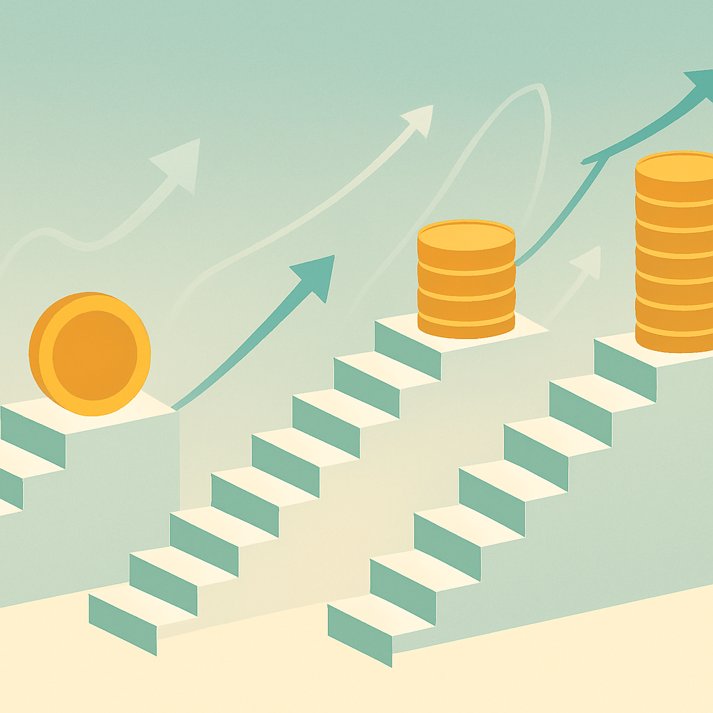 Three ascending staircases leading to increasingly tall gold stacks illustrating career switcher ROI scenarios