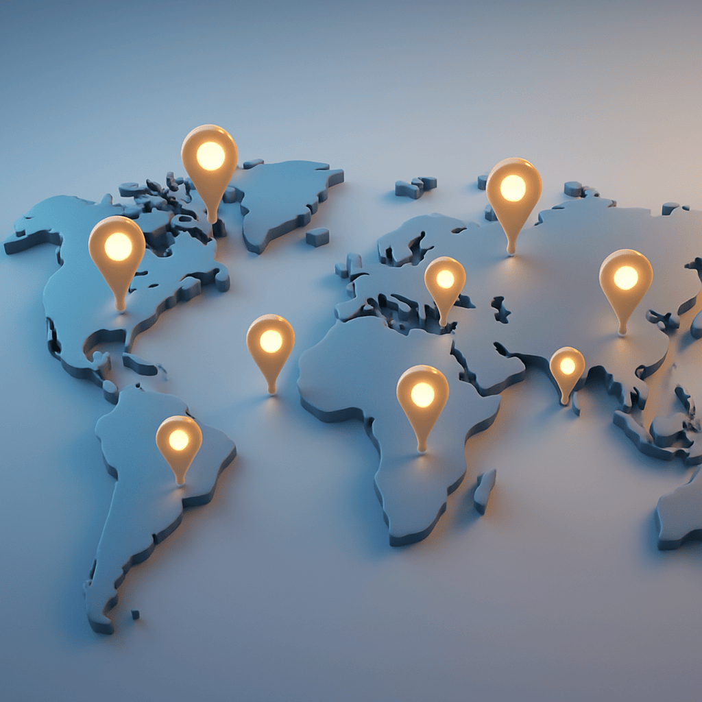 Three-dimensional world map with glowing pins highlighting global marketing salary regions
