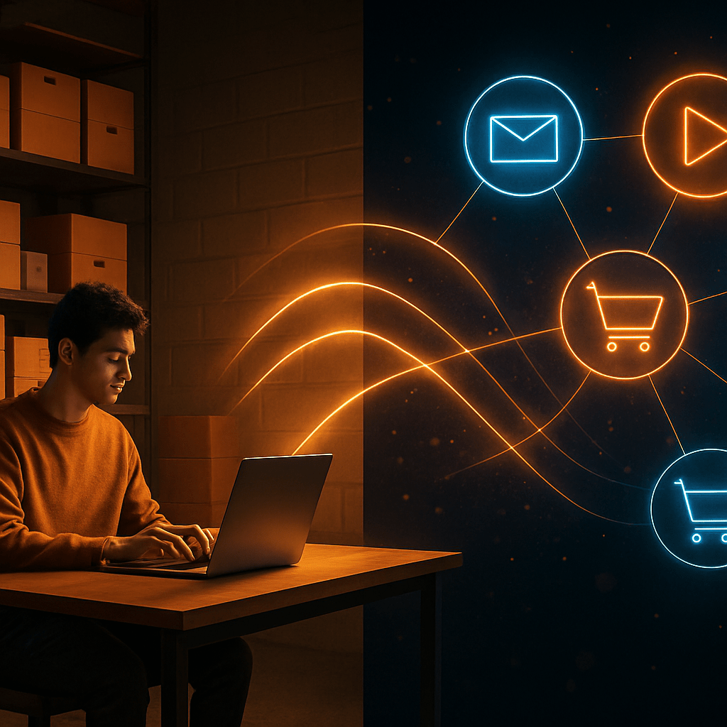 Small warehouse operations connected to marketing channel icons via glowing data bridge