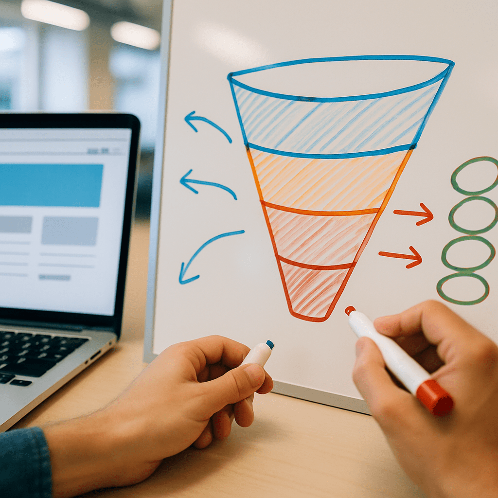 Marketer sketching a funnel diagram on a whiteboard beside a laptop with a website mockup
