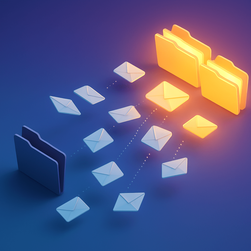 Envelopes routing to inbox and spam folders symbolizing email deliverability and placement rates