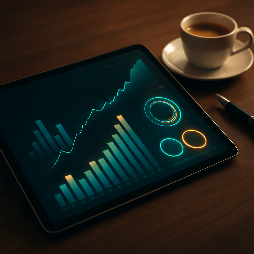 Tablet on desk showing abstract analytics dashboard with charts and trend lines
