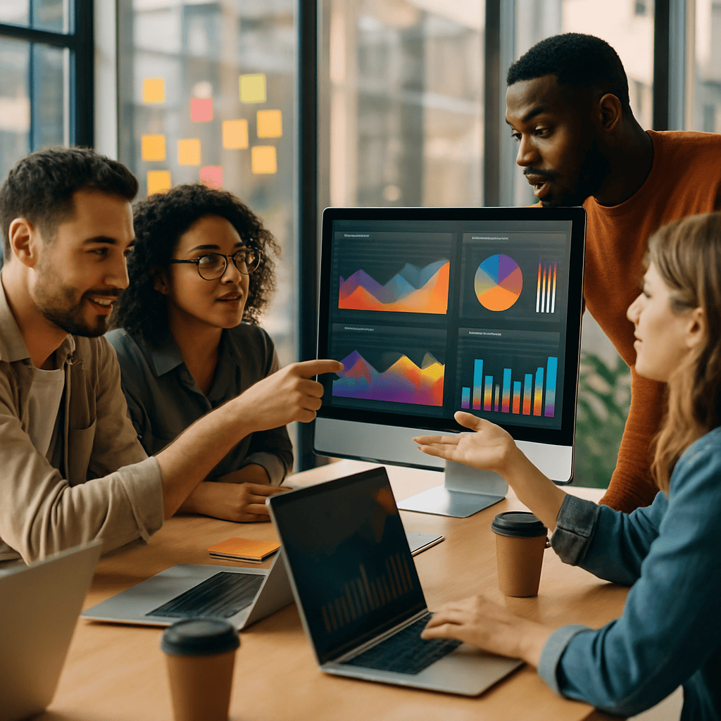 Marketing team reviewing analytics dashboards on large monitor during ecommerce implementation planning session