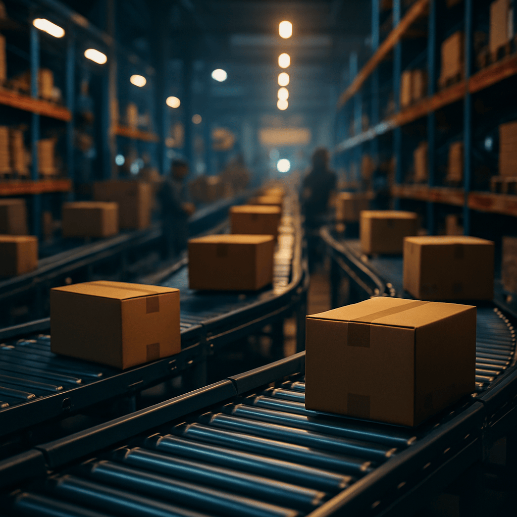 Modern automated warehouse with conveyor belts moving shipping boxes through a logistics facility