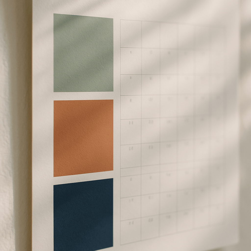Three color-coded month blocks on a minimalist wall calendar representing a 90-day rollout plan