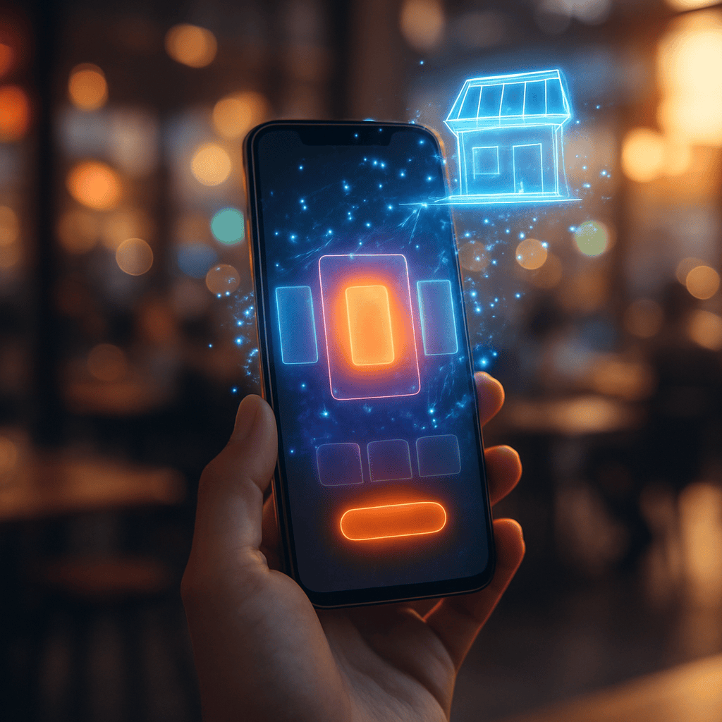 Smartphone showing shoppable content with holographic data connecting to a small storefront hologram