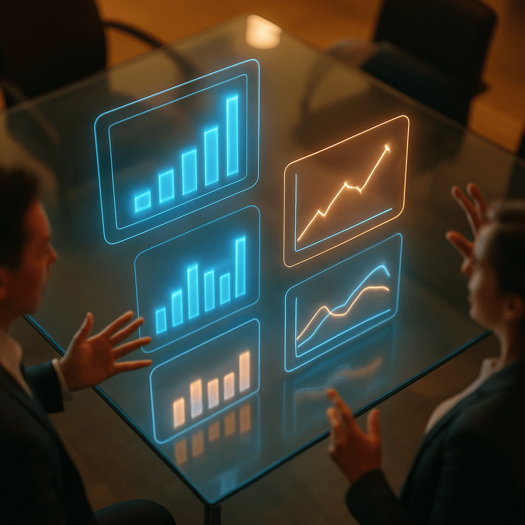 Overhead view of collaborative analytics review with holographic performance dashboards floating above conference table
