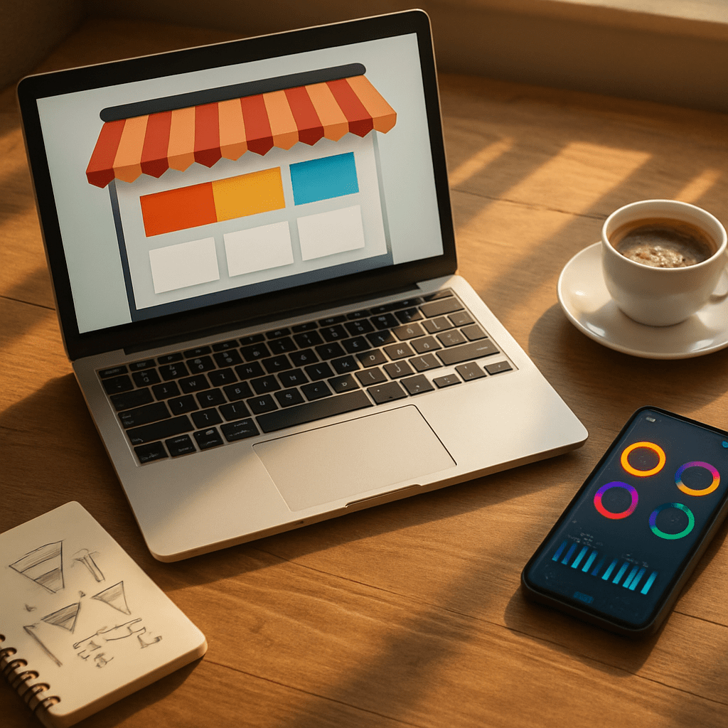 Home office desk with laptop showing e-commerce storefront and phone displaying paid ad campaign metrics
