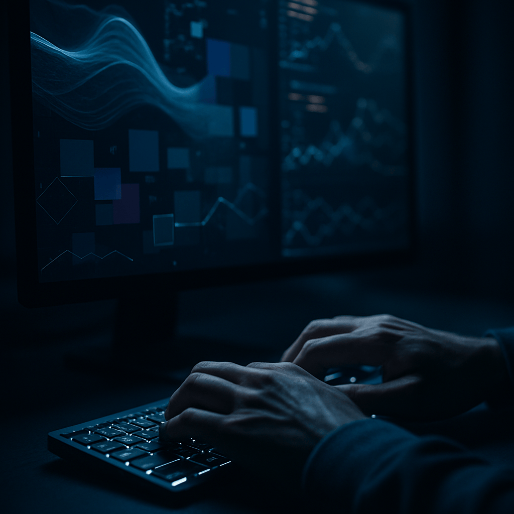 Hands typing on keyboard with monitor showing abstract marketing analytics visualizations