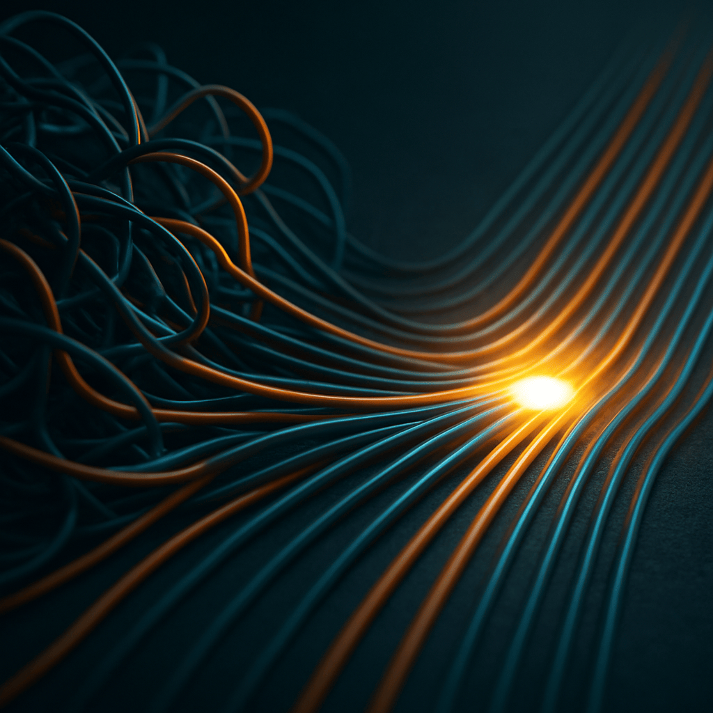Tangled cables resolving into organized parallel lines flowing into a central glowing hub