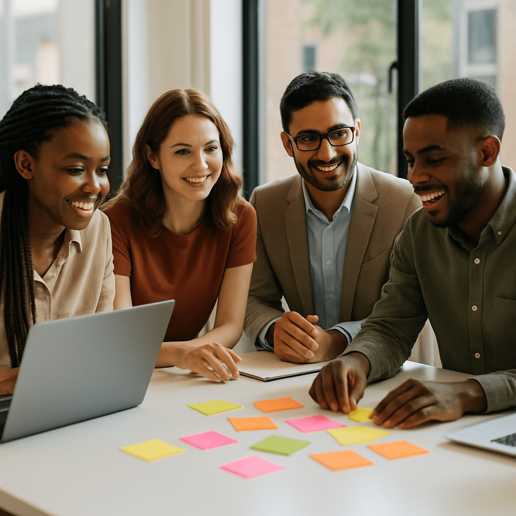 Diverse young marketing professionals collaborating around modern conference table with laptops