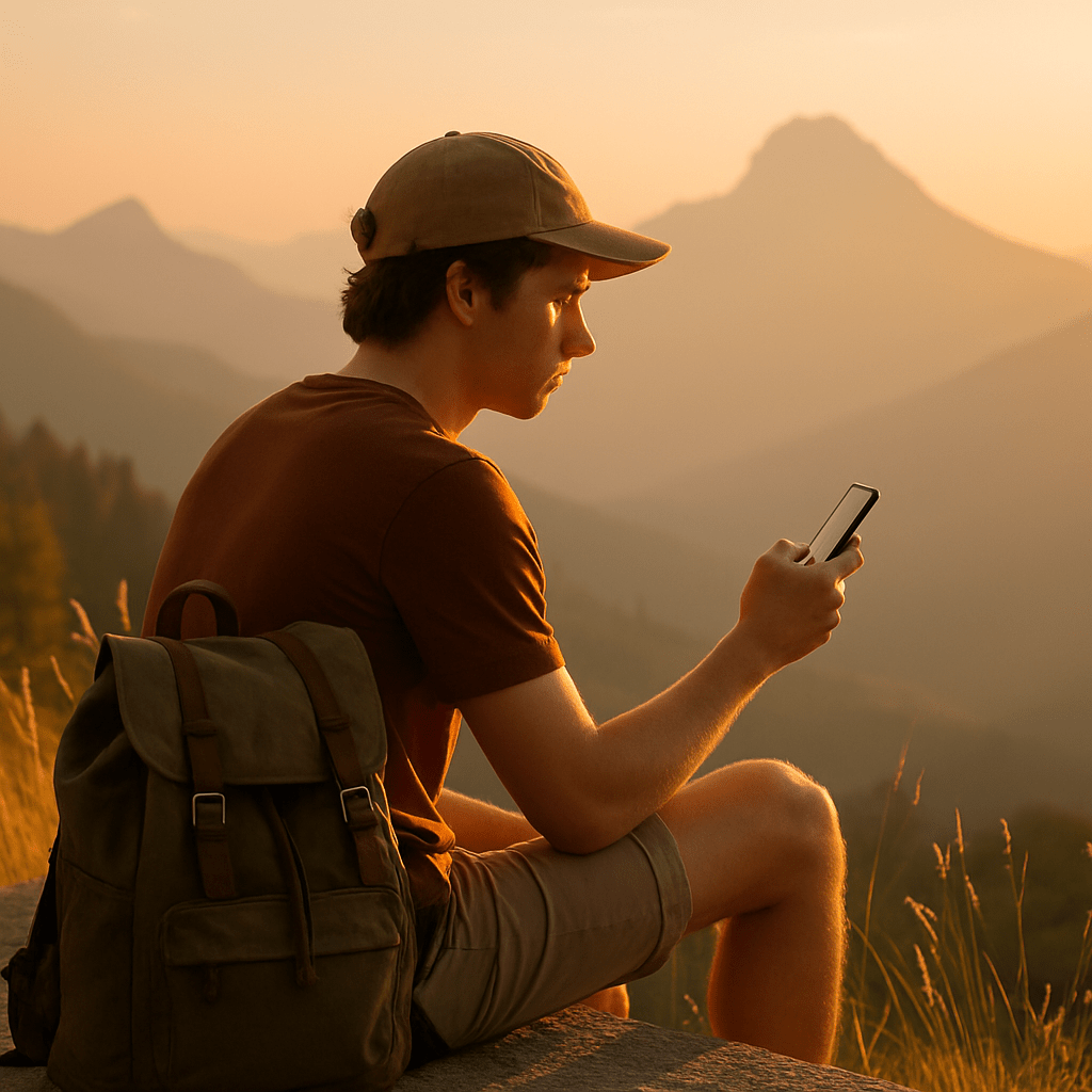 Traveler using smartphone one-handed at scenic mountain viewpoint during golden hour
