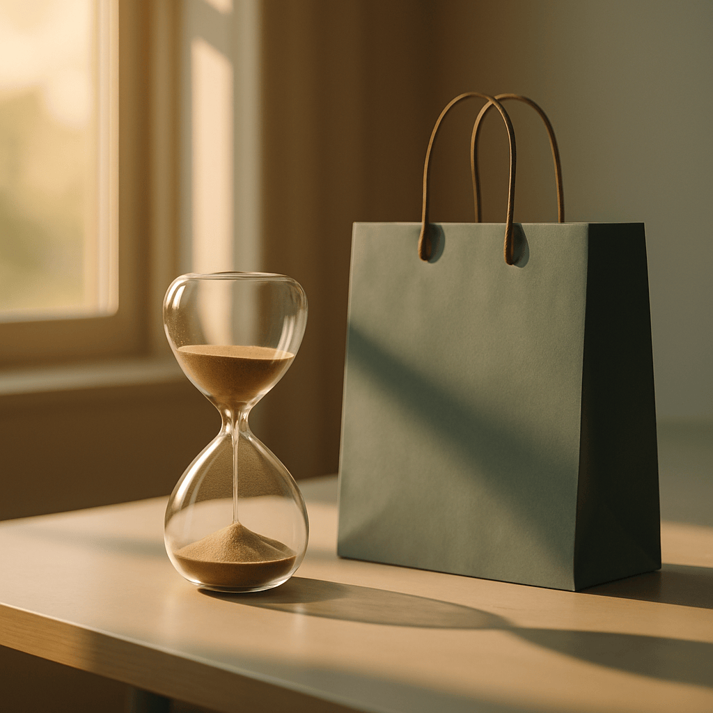 Hourglass beside shopping bag representing time-to-first-purchase window in ecommerce email flows