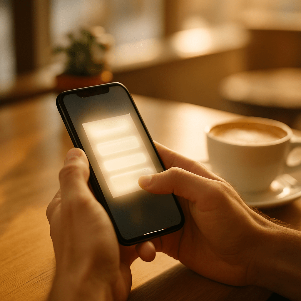 Person tapping smartphone signup form at coffee shop table showing mobile opt-in moment