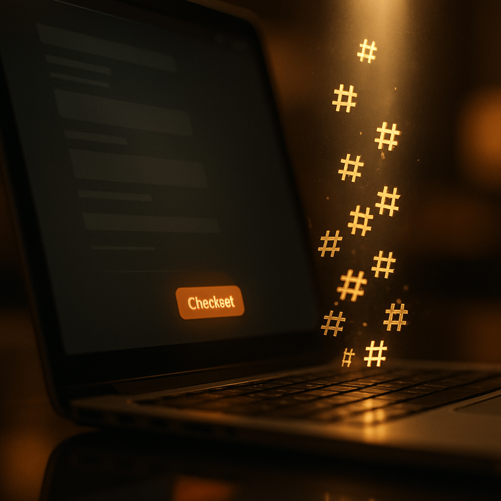 Golden hexagonal hash patterns rising from a laptop checkout illustrating hashed identifier matching