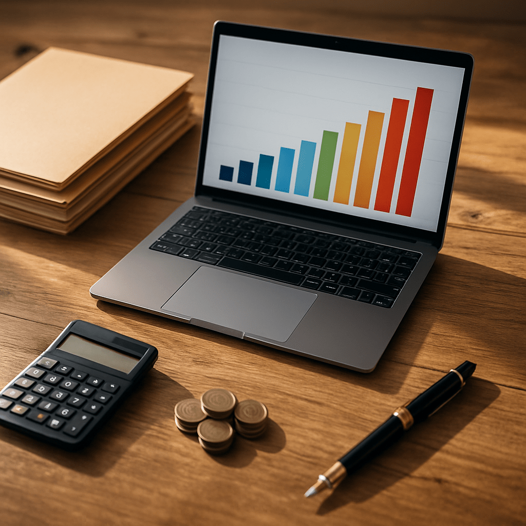 Overhead desk view with rising bar chart visuals representing marketing salary growth data