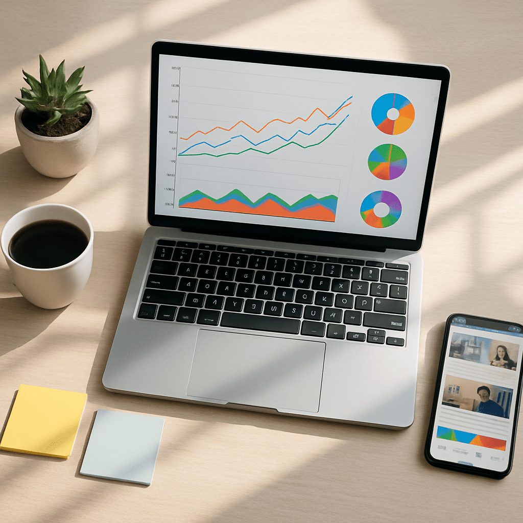 Overhead view of a marketer's desk with laptop dashboards, phone, and analytics visuals