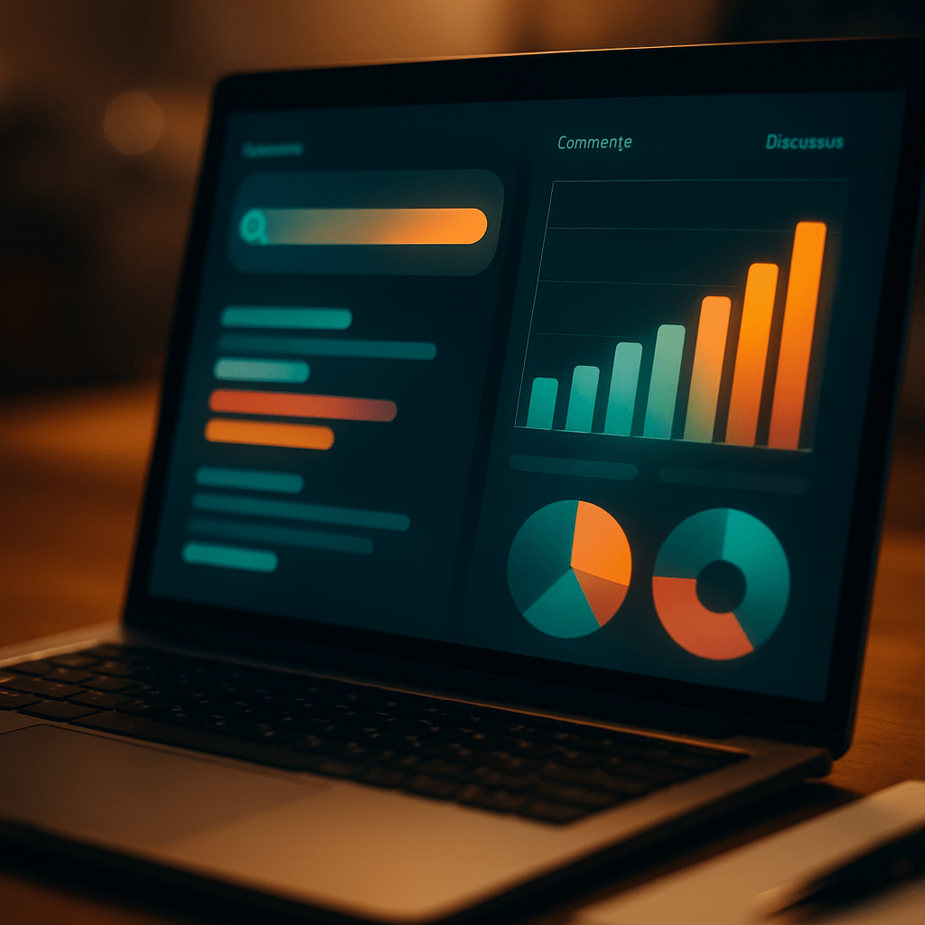 Laptop screen showing colorful abstract search and paid advertising dashboards on a desk