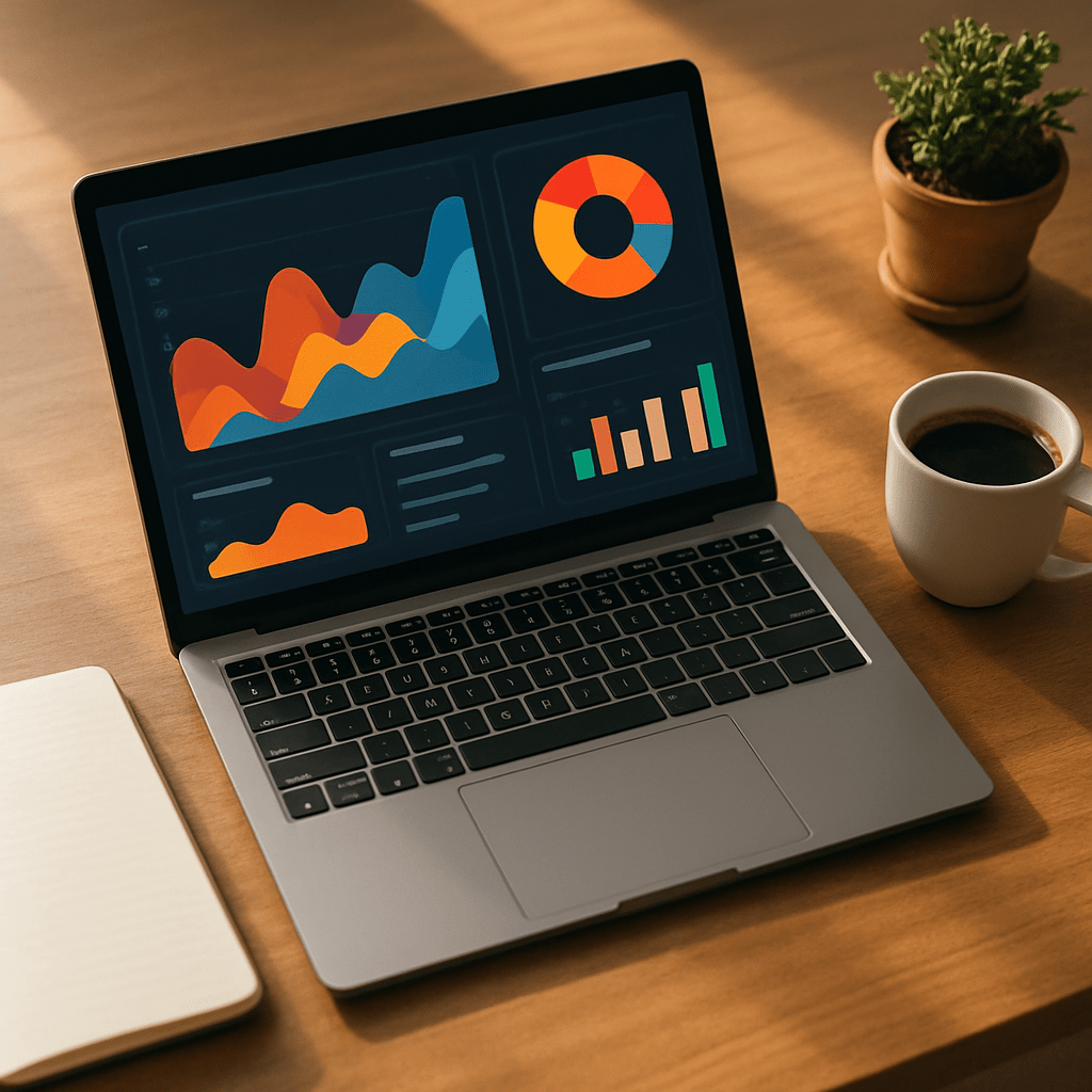 Overhead laptop workspace with analytics dashboards representing online marketing certificate study