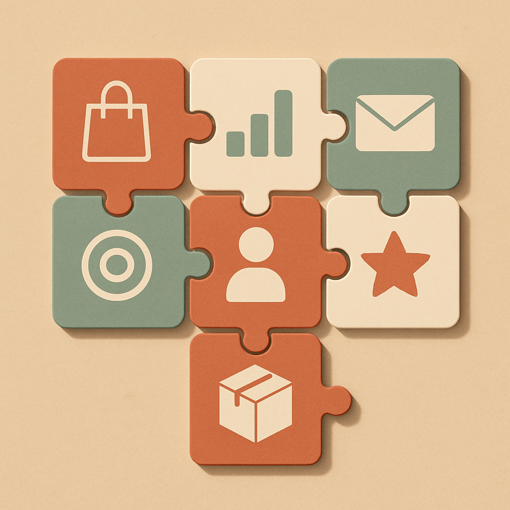 Seven abstract tiles representing core layers of a small brand ecommerce marketing stack