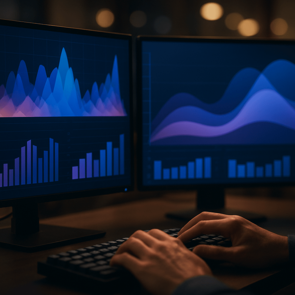 Marketing analytics workstation with colorful dashboards and data visualizations on dual monitors