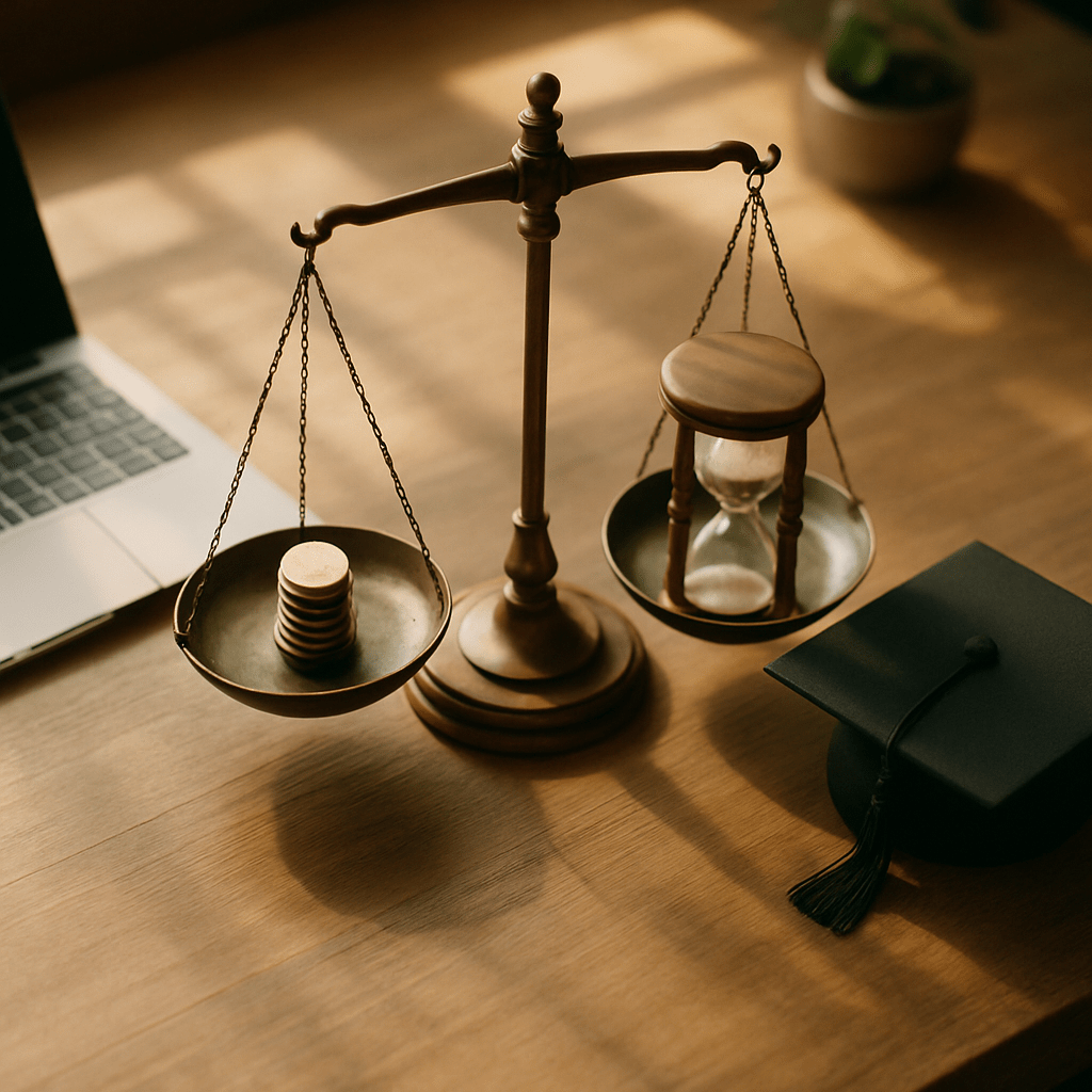 Balance scale weighing coins and laptop against hourglass and graduation cap on wooden desk