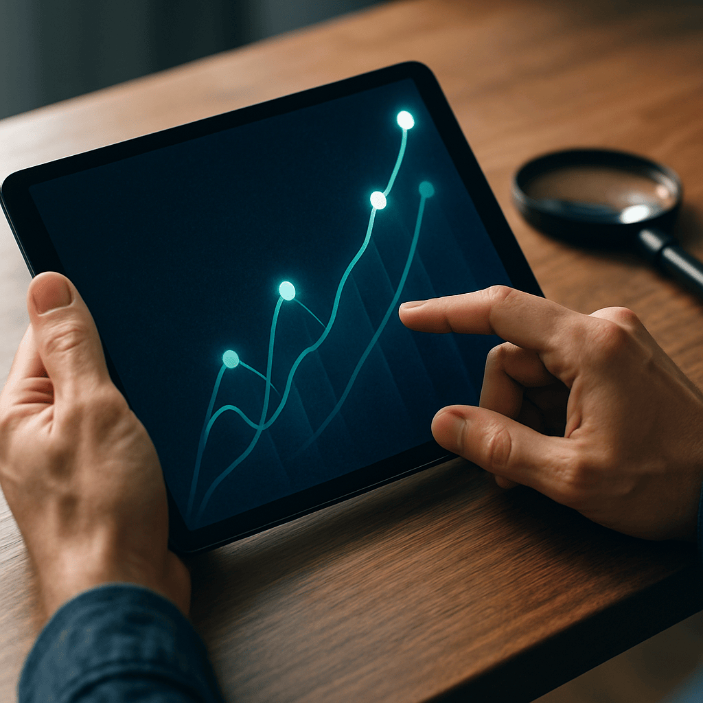 Hands using tablet showing organic search growth chart and magnifying glass on desk