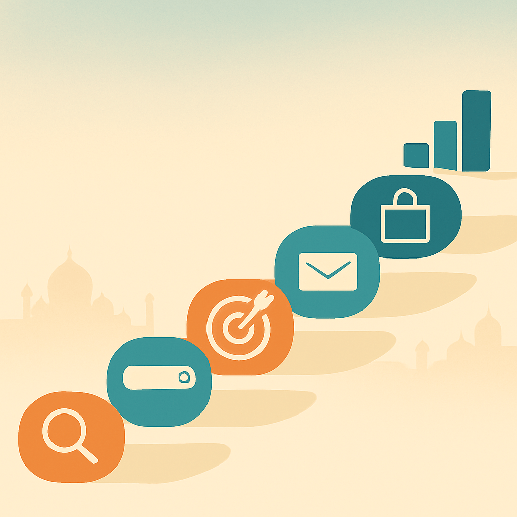 Illustration of six ascending stepping stones representing digital marketing learning phases