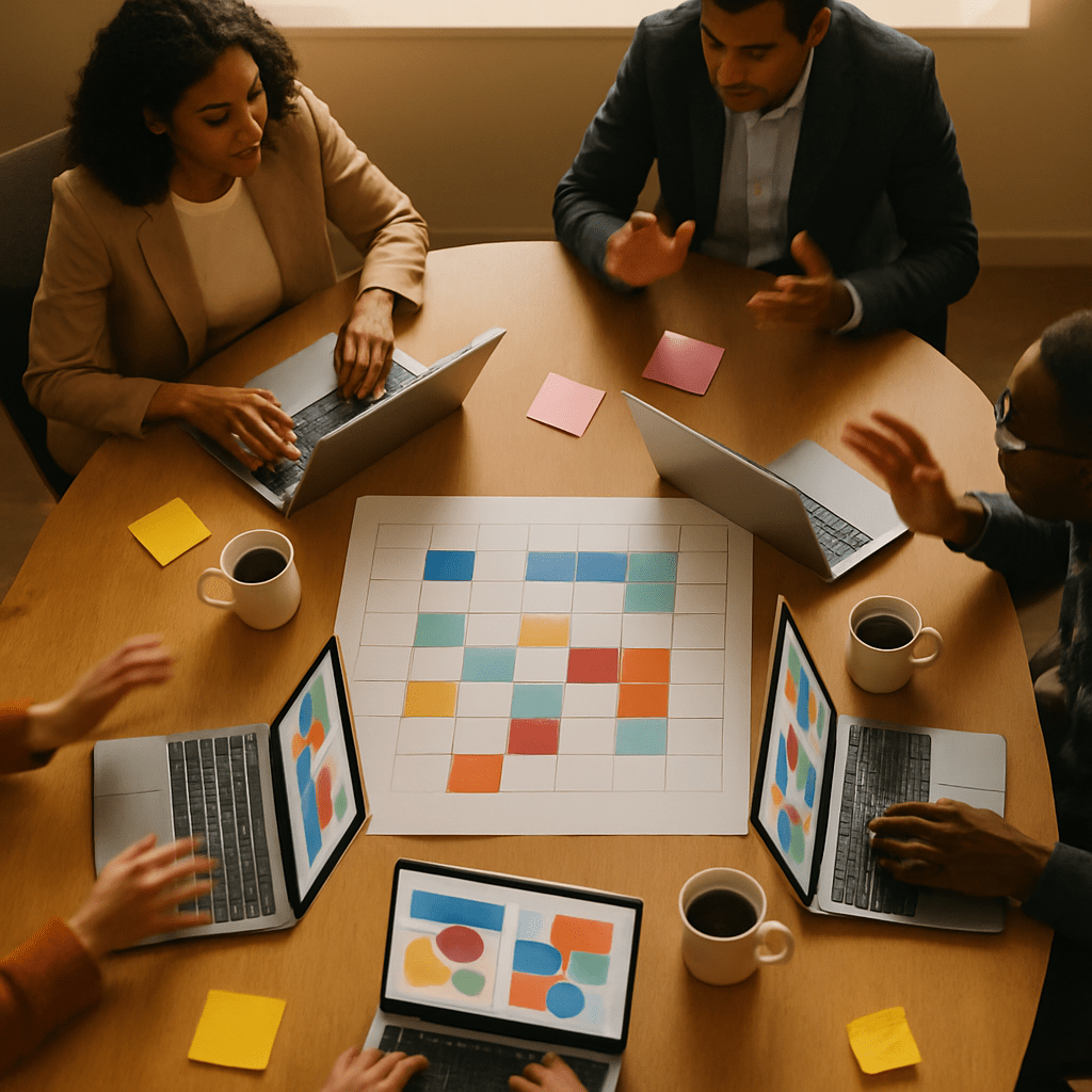 Overhead view of a cross-functional team meeting around a shared weekly planning calendar