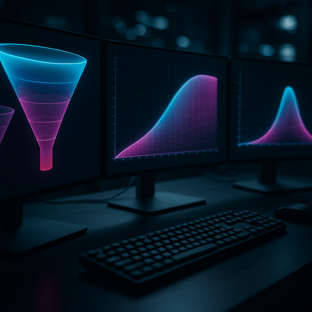 Marketing analyst workstation with glowing abstract data visualization curves on multiple curved monitors
