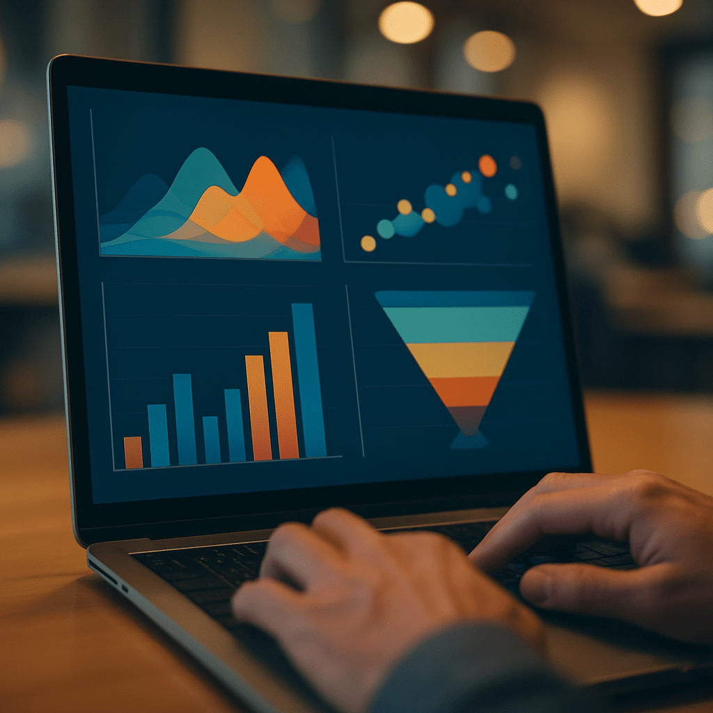Marketing analyst reviewing colorful analytics dashboards and funnel charts on a laptop screen