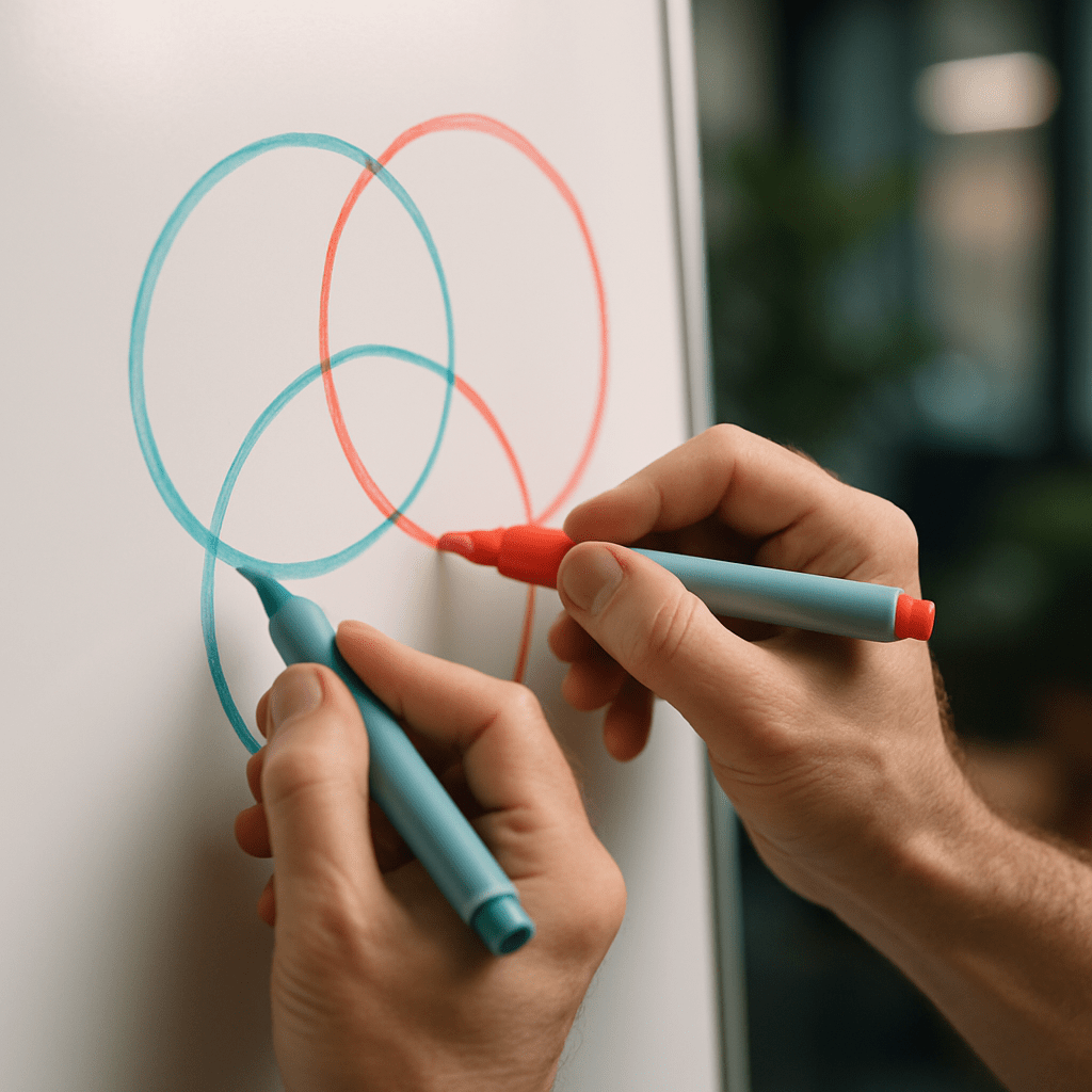 Hands sketching three overlapping circles on whiteboard representing freelance niche and offer positioning strategy