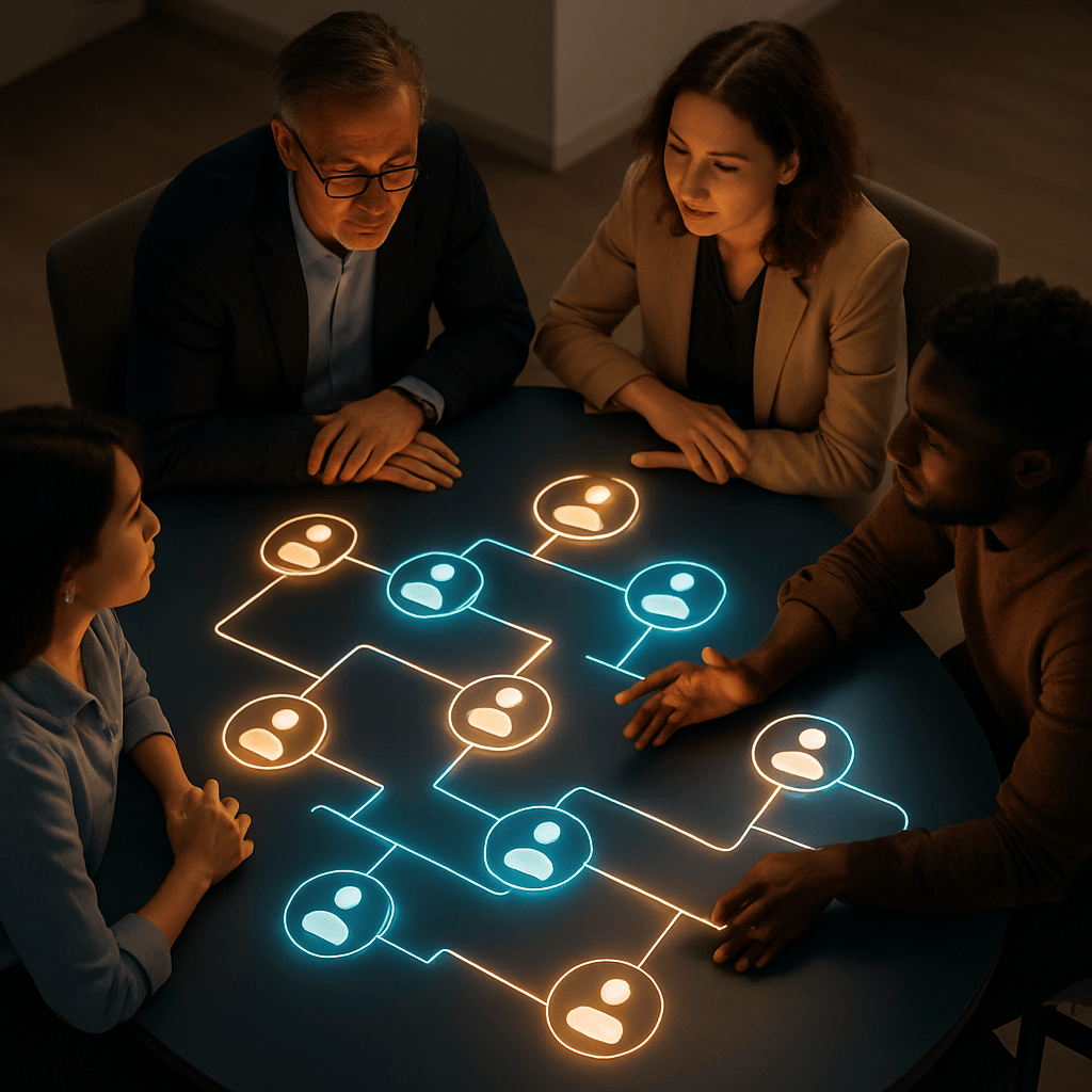 Diverse marketing team collaborating around glowing digital table showing interconnected AI role icons and workflow branches