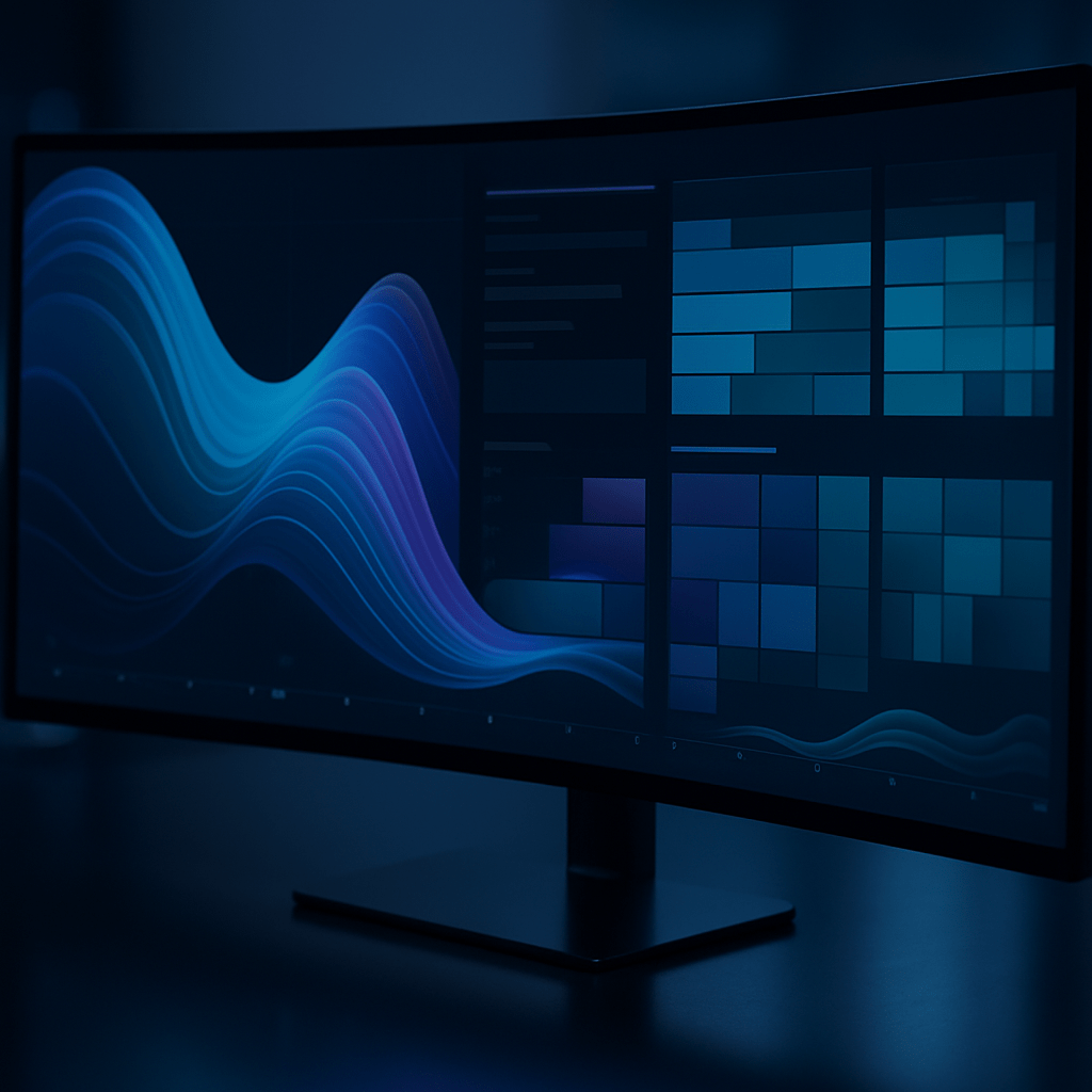 Curved widescreen monitor displaying colorful analytics dashboard streams representing custom GA4 channel tracking configuration