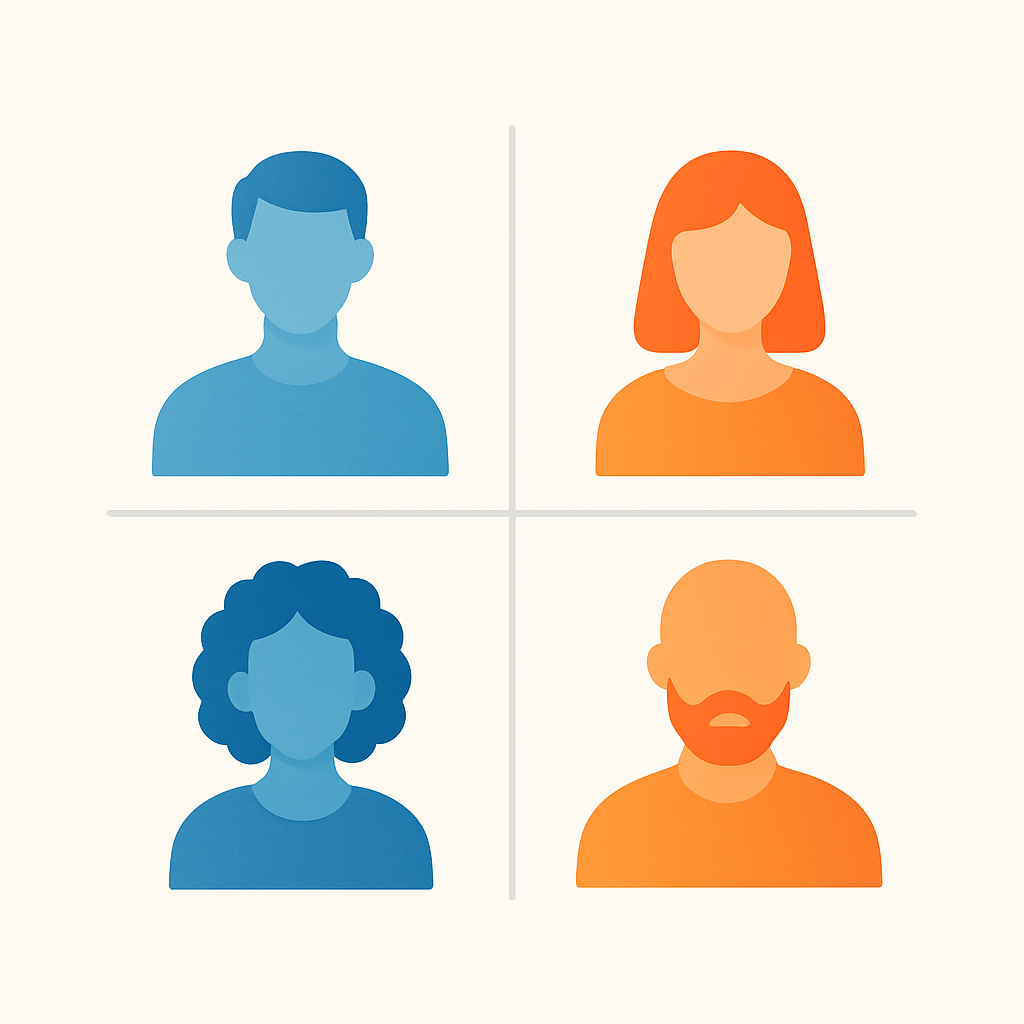 Illustrated two by two matrix showing four quadrants of diverse customer archetype icons