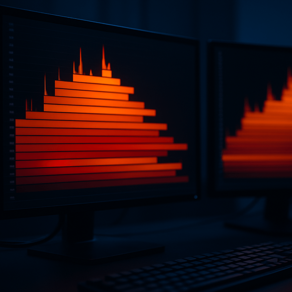 Developer monitors showing an abstract performance flame chart with long tasks highlighted