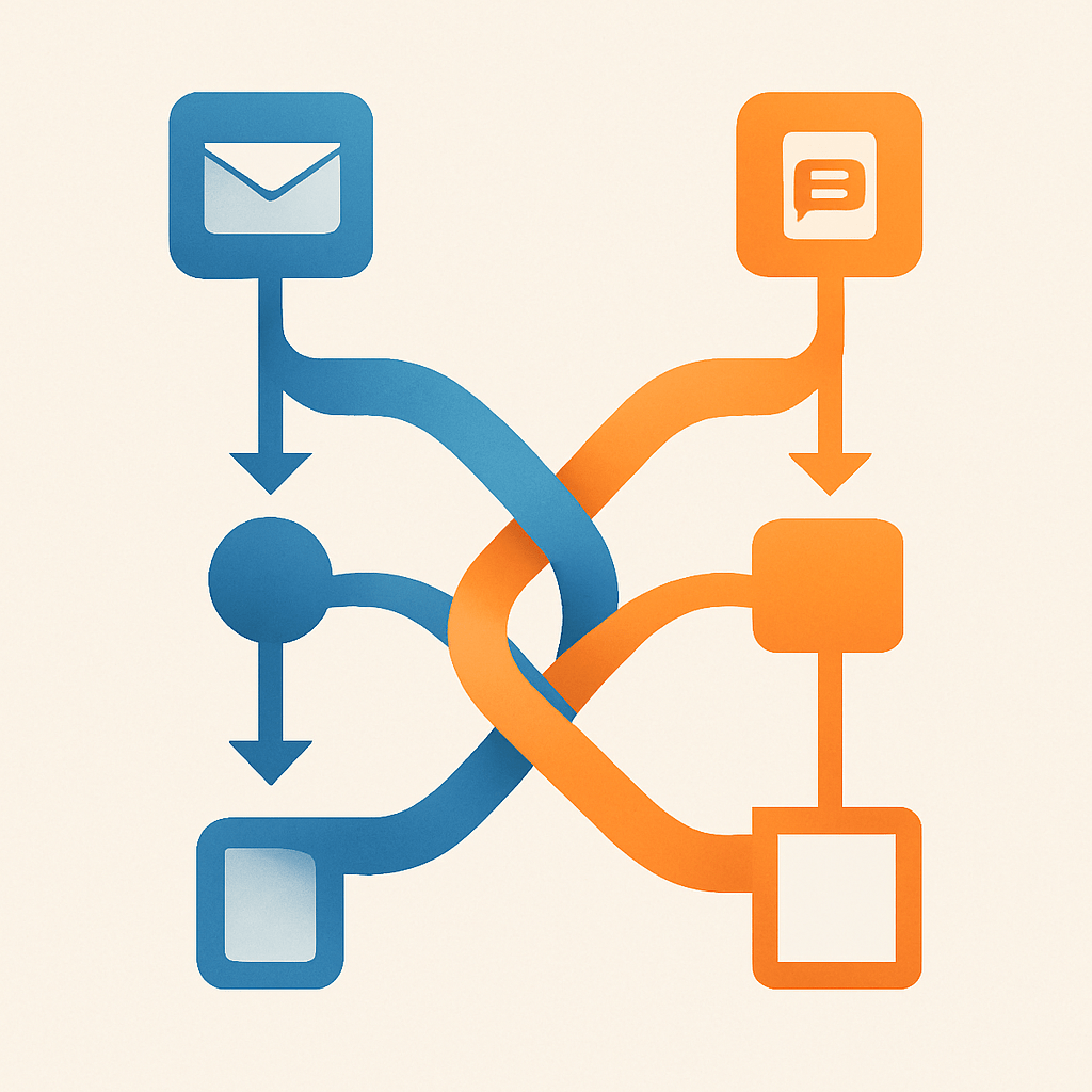 Abstract interlocking blue and orange flow diagrams representing email and SMS orchestration