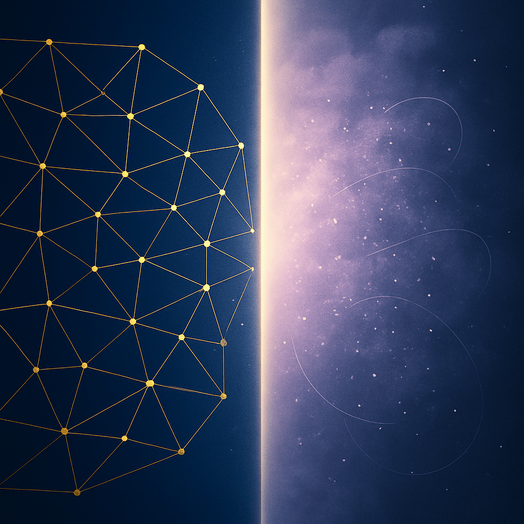 Split visual contrasting deterministic gold lattice with probabilistic violet cloud modeling