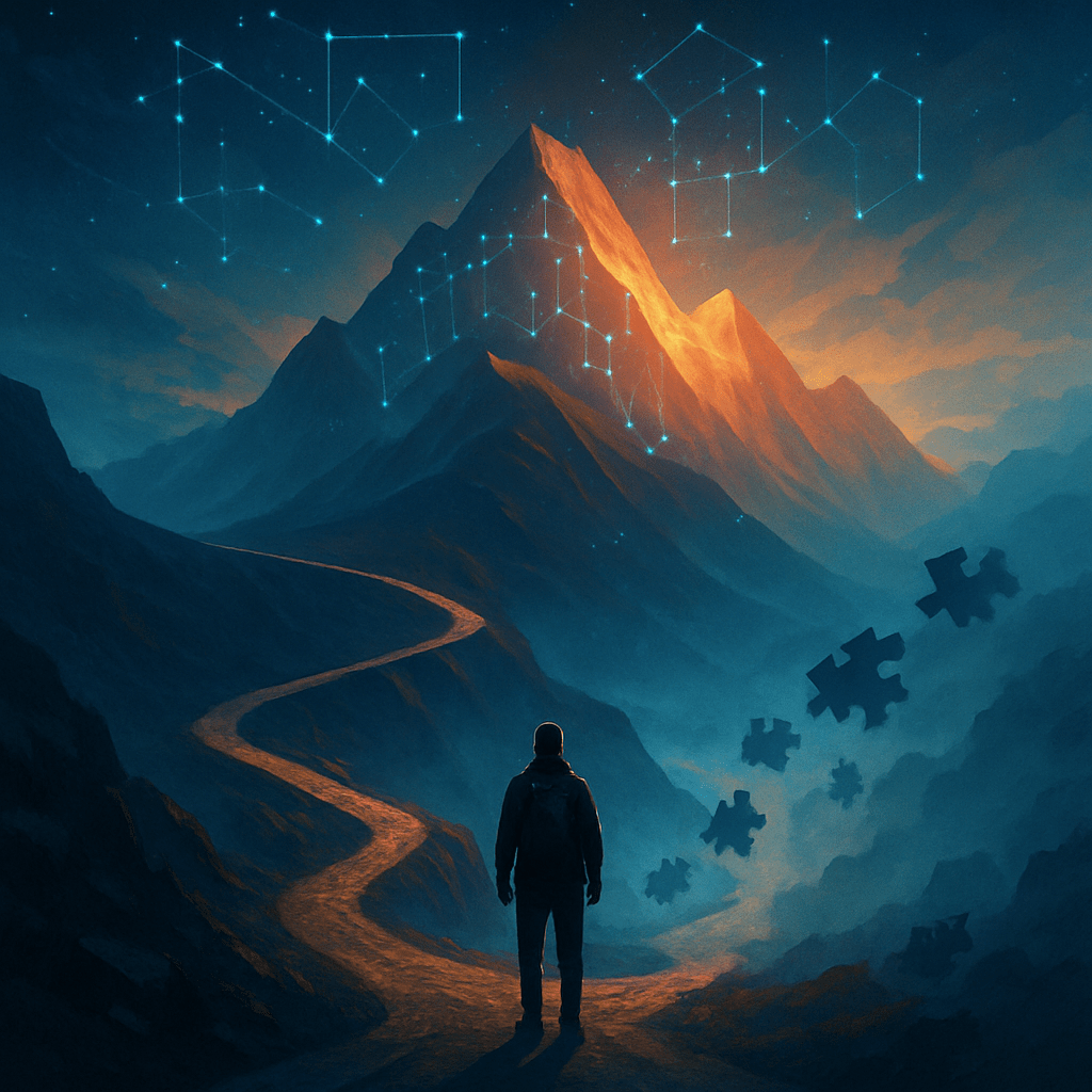 Illustrated figure choosing between two career paths under a dramatic sky of data constellations