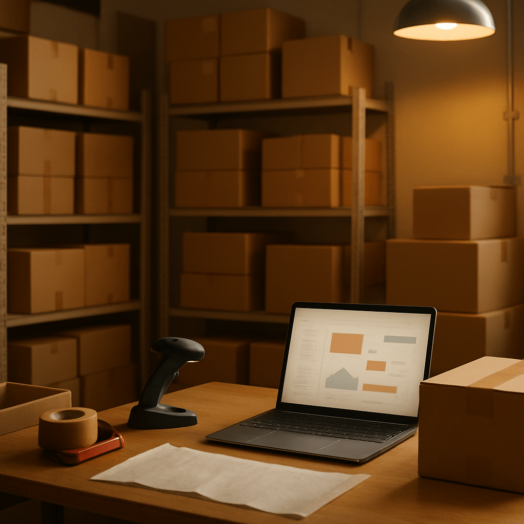 Small e-commerce fulfillment station with shipping boxes, scanner, and packing supplies