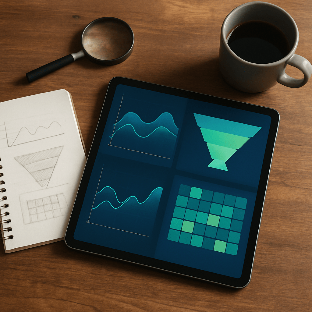 Overhead view of analytics visualizations on a tablet surrounded by notebook and coffee