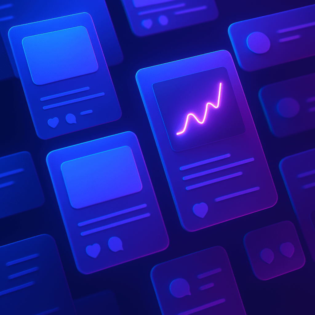 Abstract floating social media panels and performance graphs representing paid social advertising expertise
