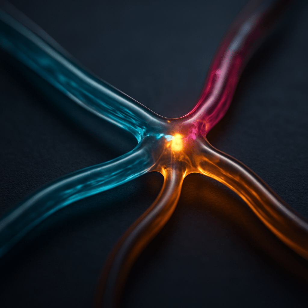 Glowing data streams flowing between three integrated platform hubs on a dark surface