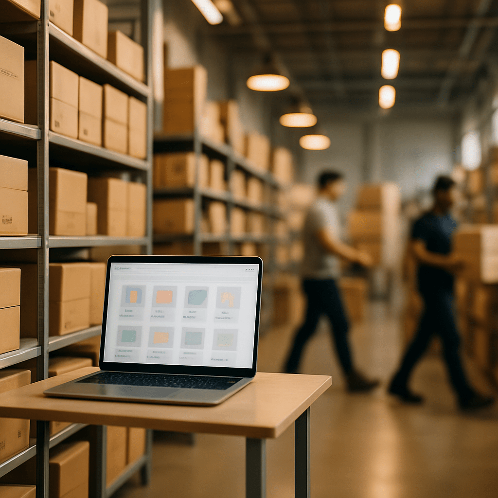 Modern e-commerce fulfillment workspace with shipping boxes and laptop for marketplace management