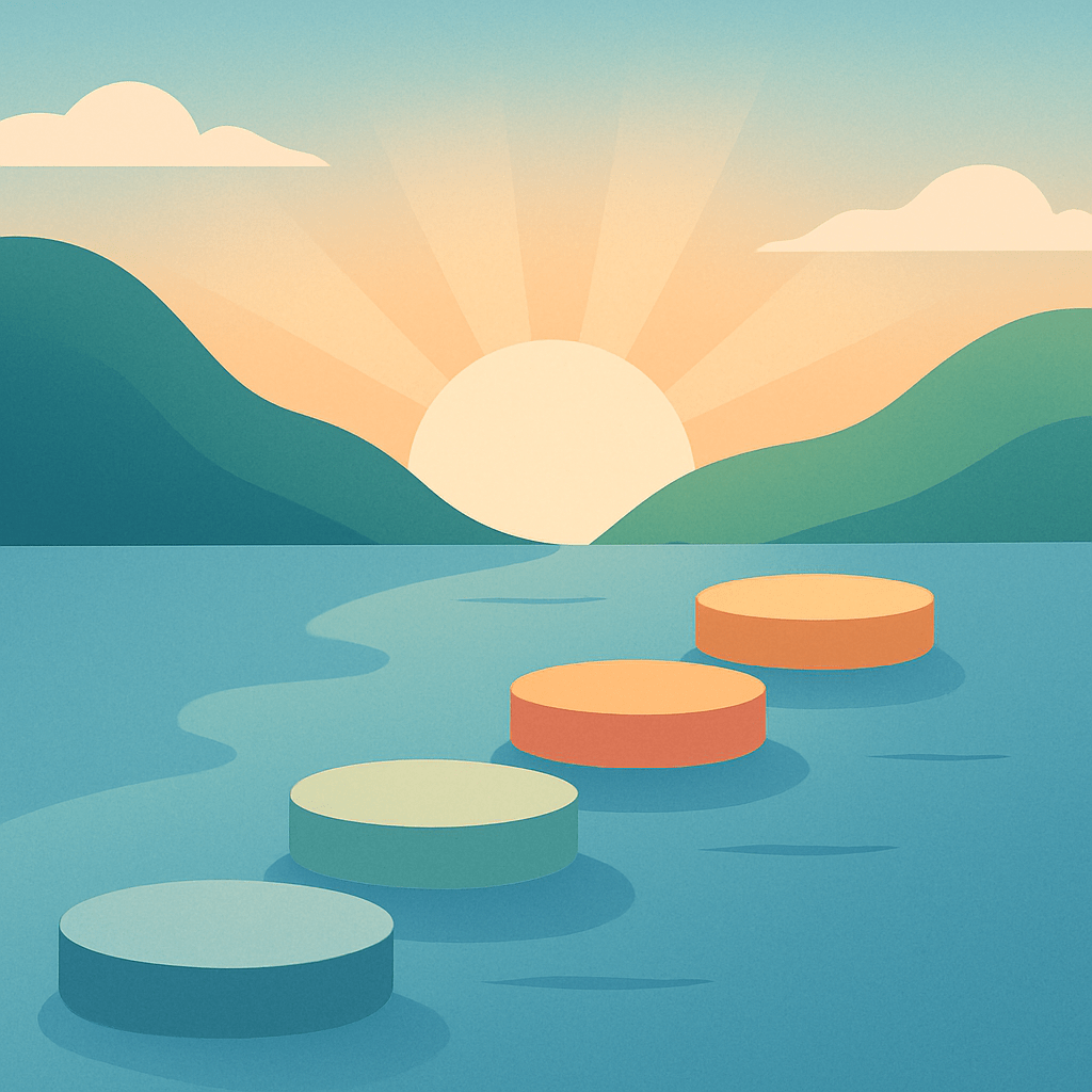 Four ascending stepping stones leading upward toward a sunrise in flat vector illustration style