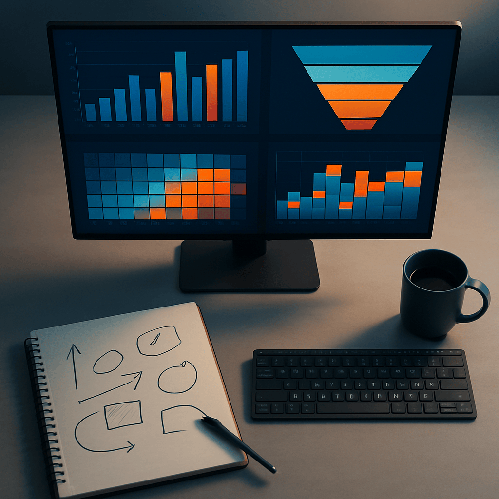 Overhead workspace shot showing analytics dashboards on monitor with notebook and pen