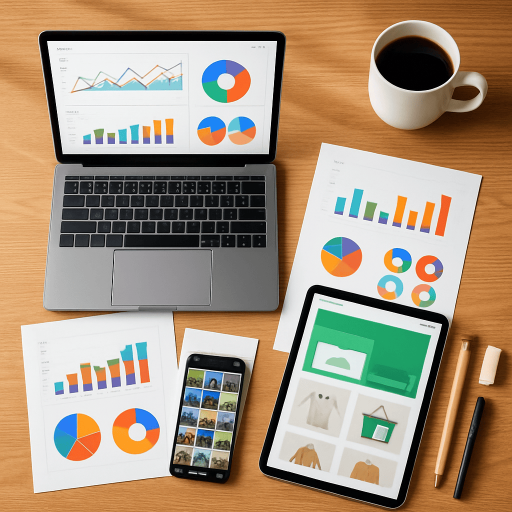 Flat lay desk with laptop analytics dashboard tablet mockup and marketing campaign reports