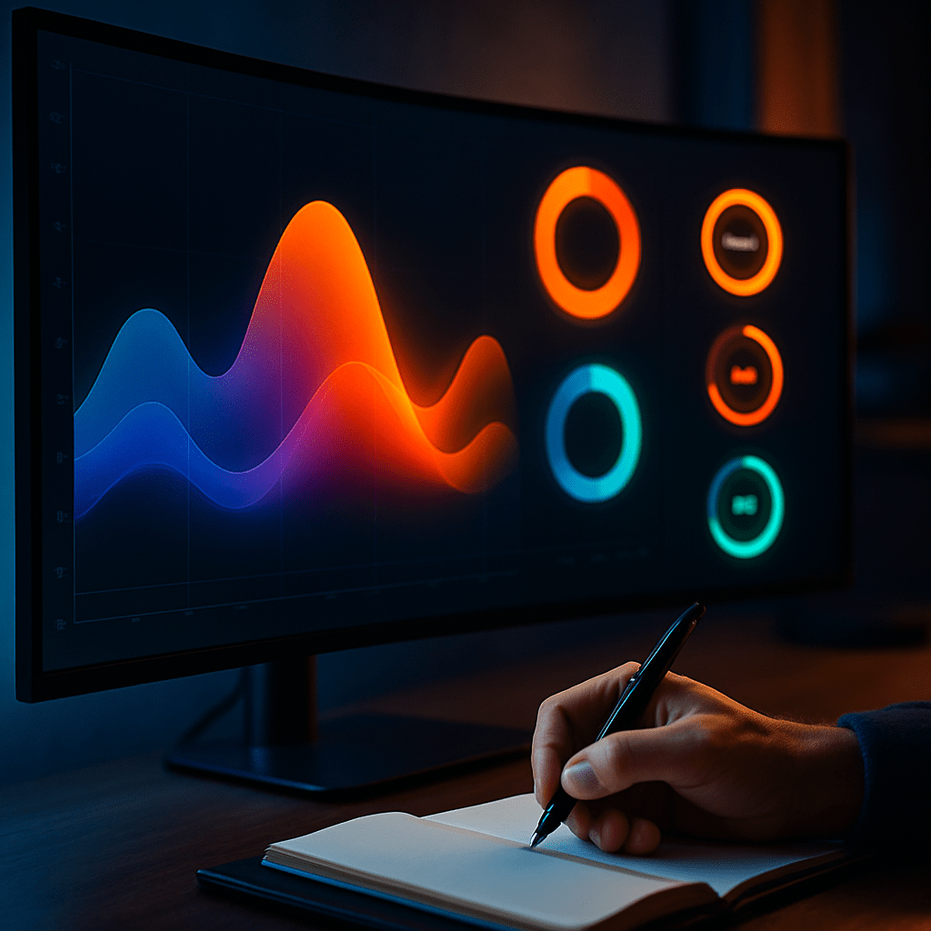 Analyst reviewing colorful abstract performance dashboards on a large curved monitor