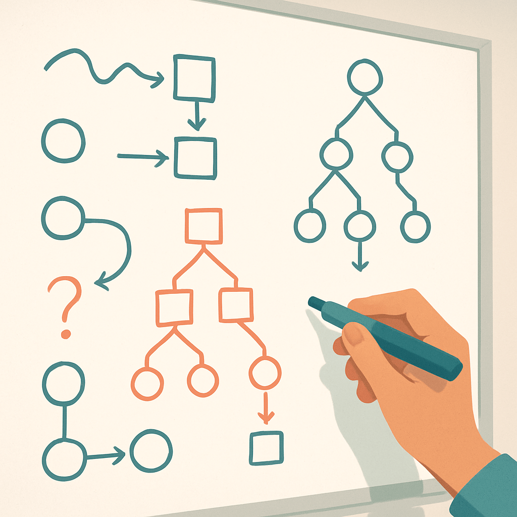 Whiteboard covered with hypothesis tree diagrams and diagnostic branching paths drawn in markers